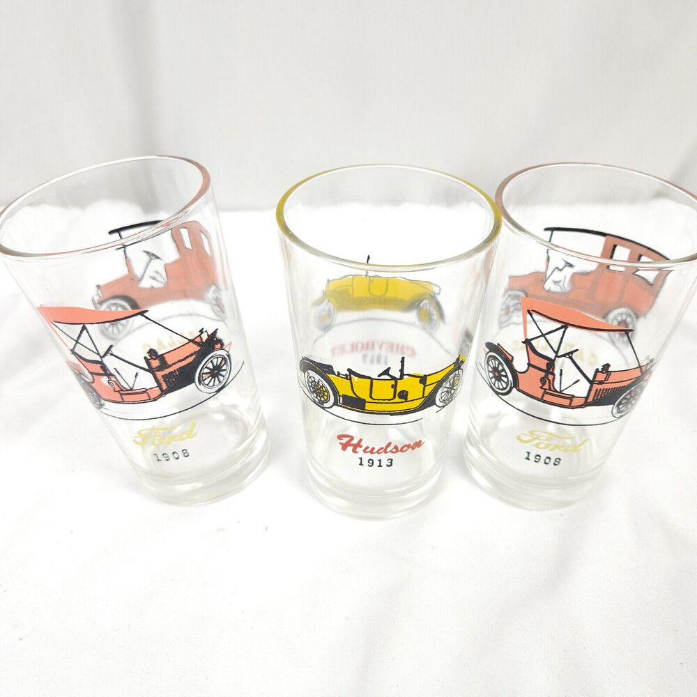 Vintage Antique Auto Graphic Glasses 1908‎ Cadillac Ford 1913 Hudson Chevy